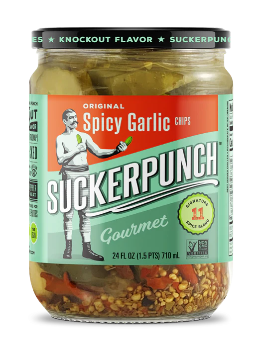 
            
                Load image into Gallery viewer, Suckerpunch pickle Original Spicy Garlic chips 710ml
            
        