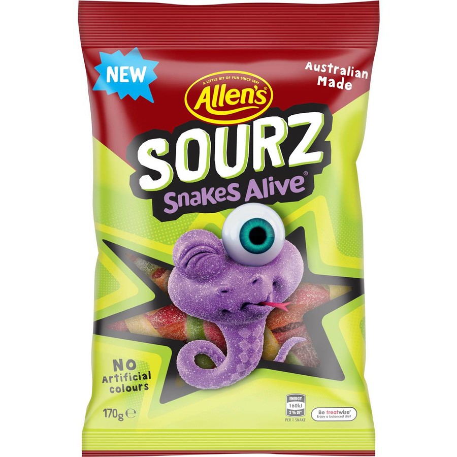 
            
                Load image into Gallery viewer, Allen&amp;#39;s Sourz Snakes Alive 170g
            
        